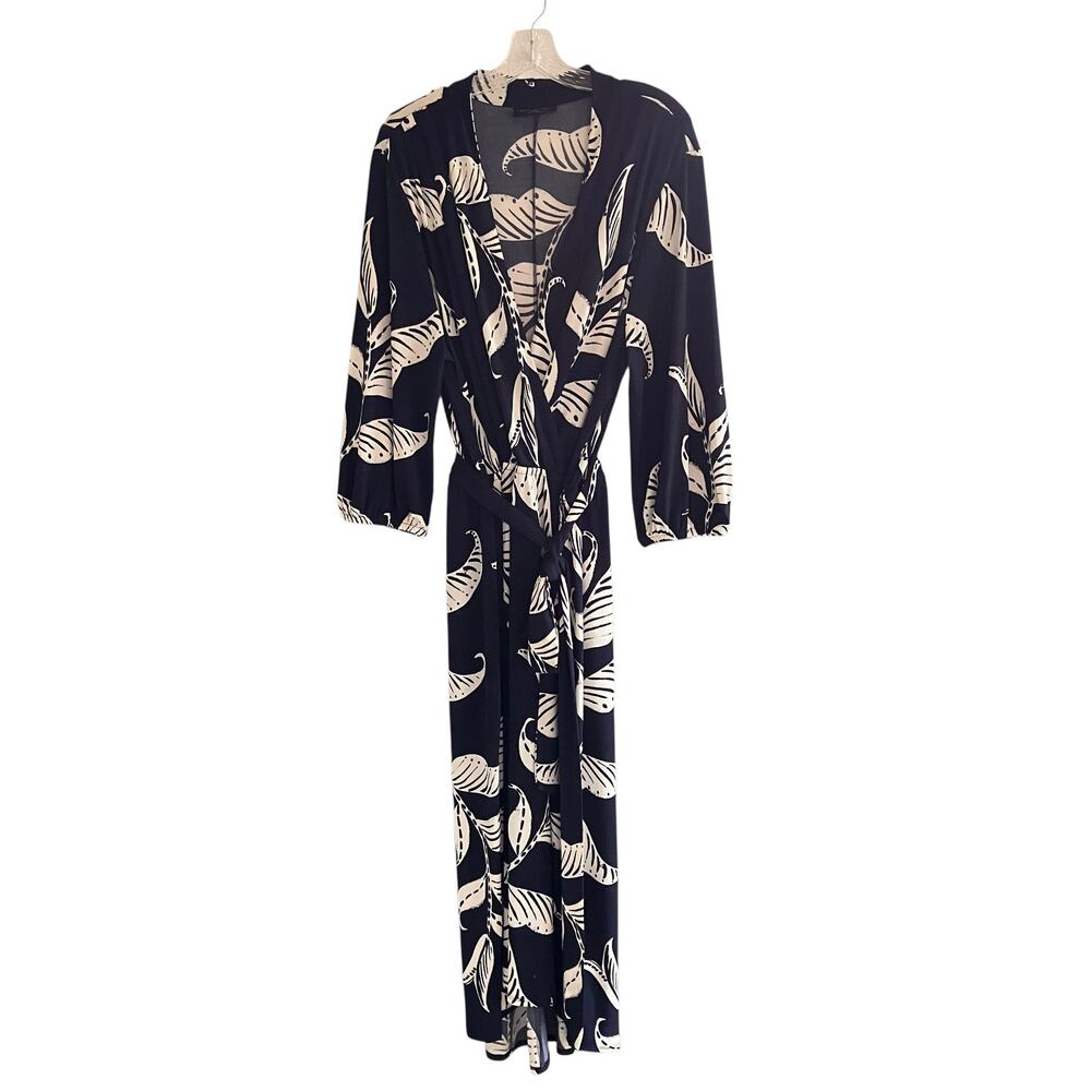 Dark Navy Blue & Cream Dress Artsy Leaf Print Faux Wrap Lane Bryant 22/24 Midi